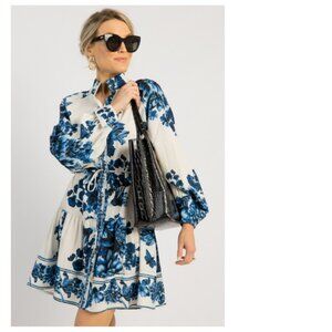 Blue Floral Full Button Balloon Sleeve Dress LARGE NEW WITH TAGS